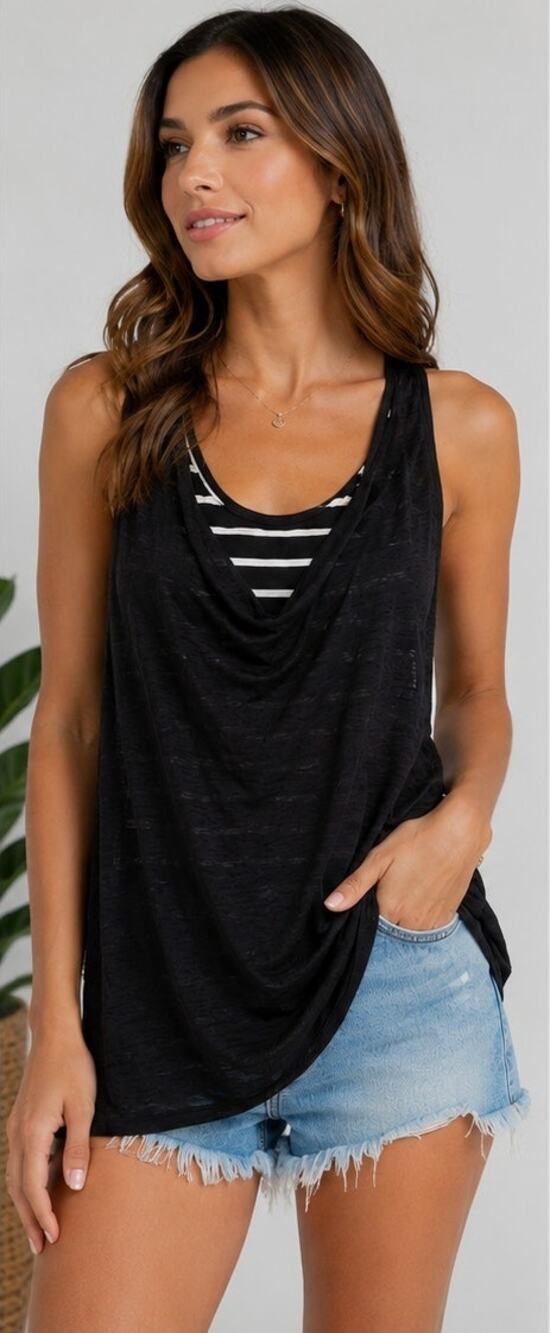 Fraiche by J Women's Medium Black Burnout Sleeveless Tank Top Striped Racerback